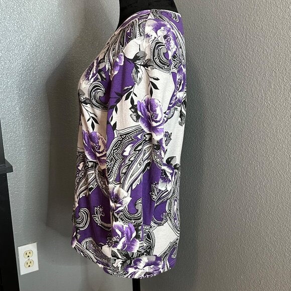 Karen Scott Womens Top XL Purple White Floral Paisley Print 3/4 Sleeve Blouse - Picture 4 of 8